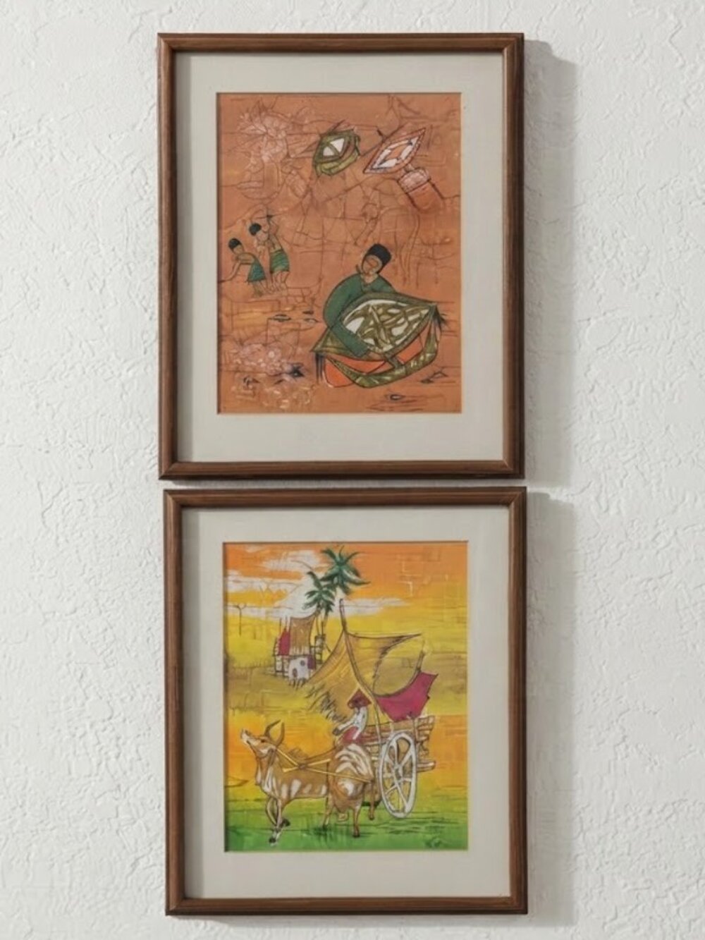 Vintage MCM Southeast Asian Batik Silk Paintings Signed Framed Pair Ox Cart Kite